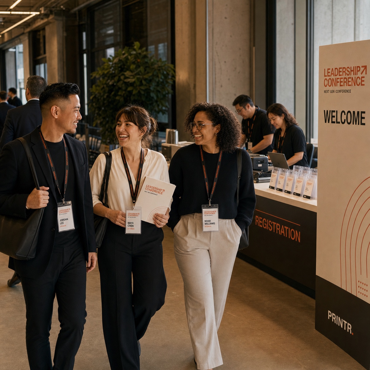 Conference guests arriving beside a staffed registration desk