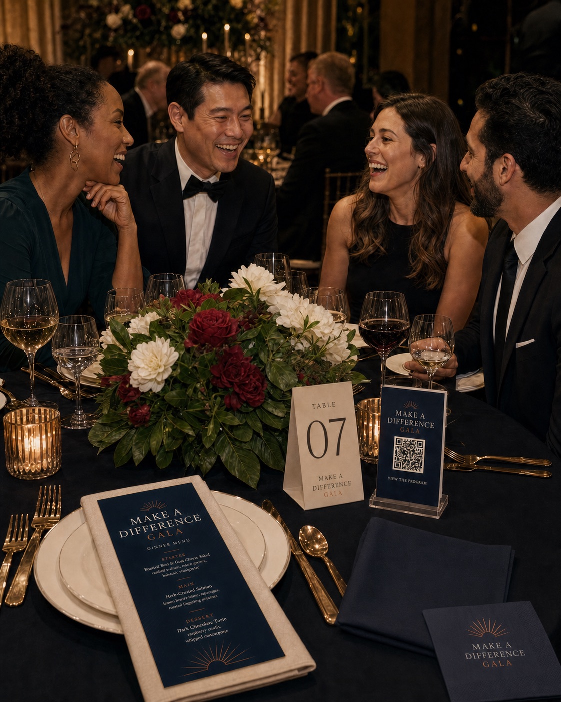 Gala guests gathered around a table with coordinated menus, a table number, and event materials
