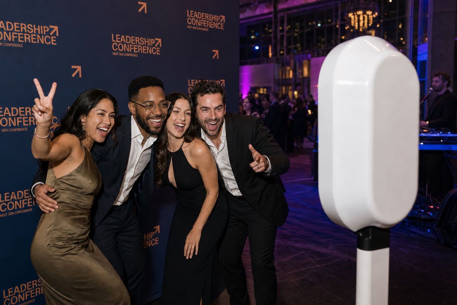 Guests enjoying a staffed photobooth at an event after-party