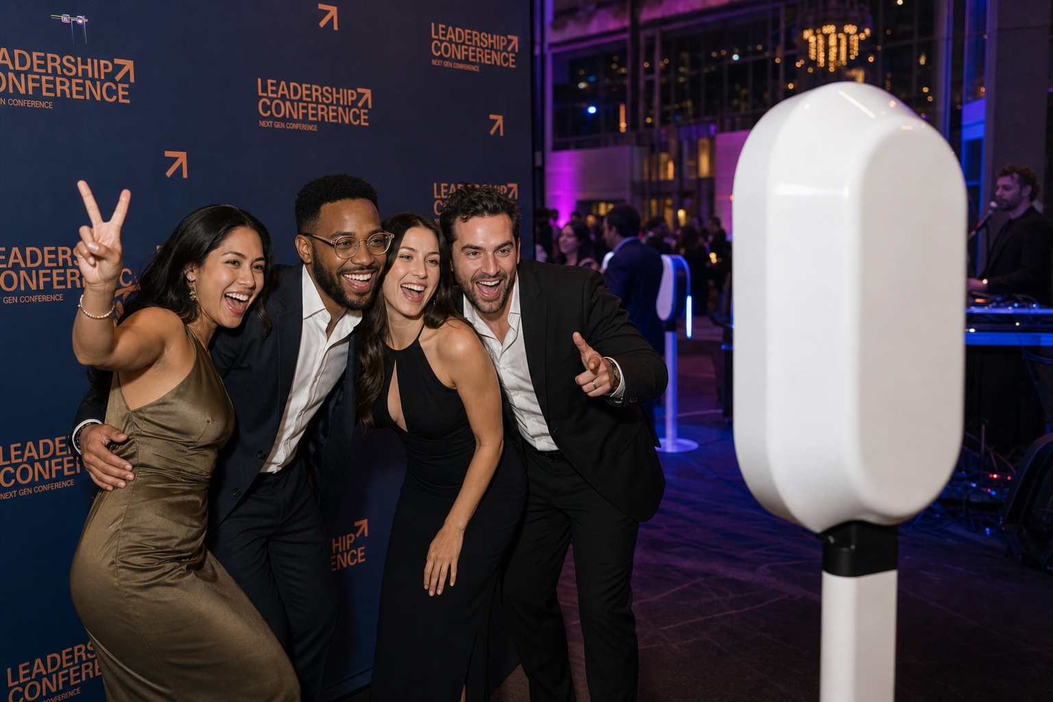 Guests posing together at a photobooth during an evening event
