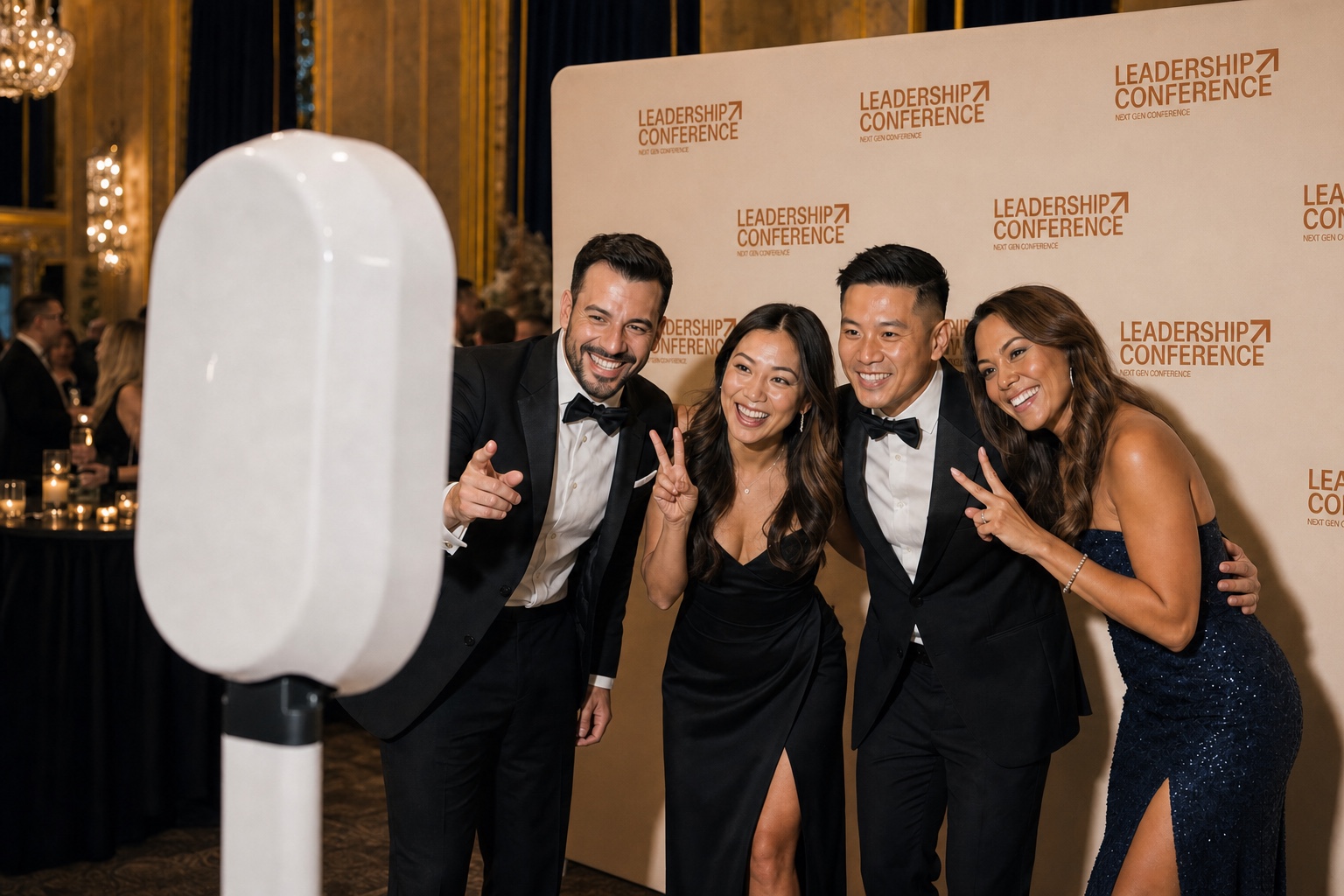 Guests posing at a professionally staffed gala photobooth