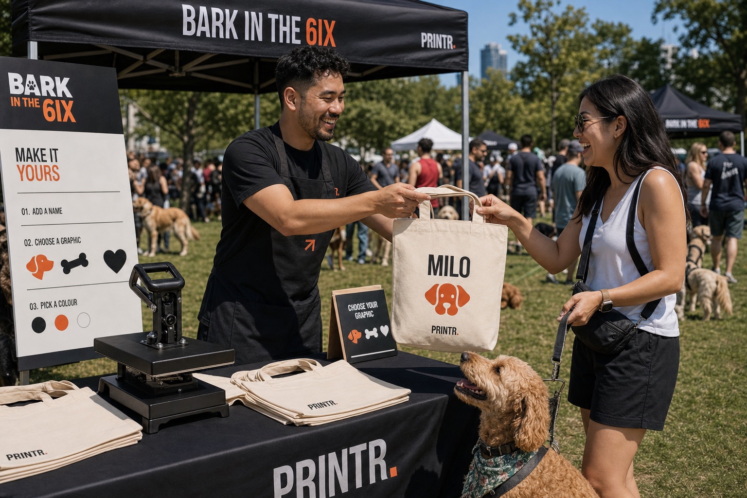 Guest receiving live-customized event merchandise