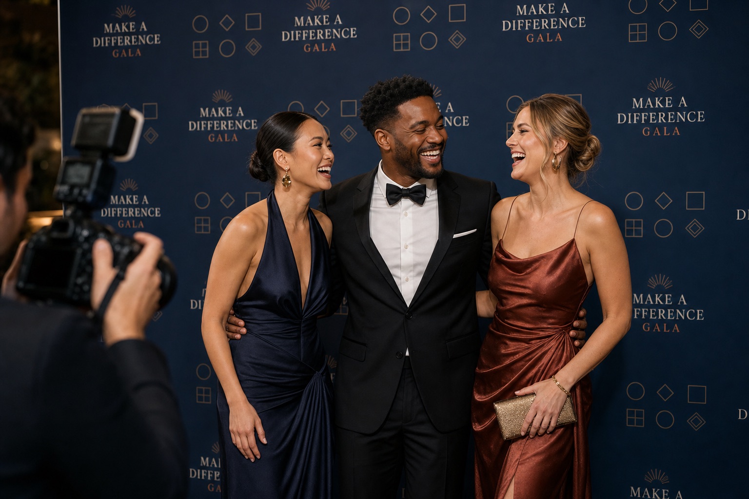Gala guests being photographed in front of a custom event backdrop