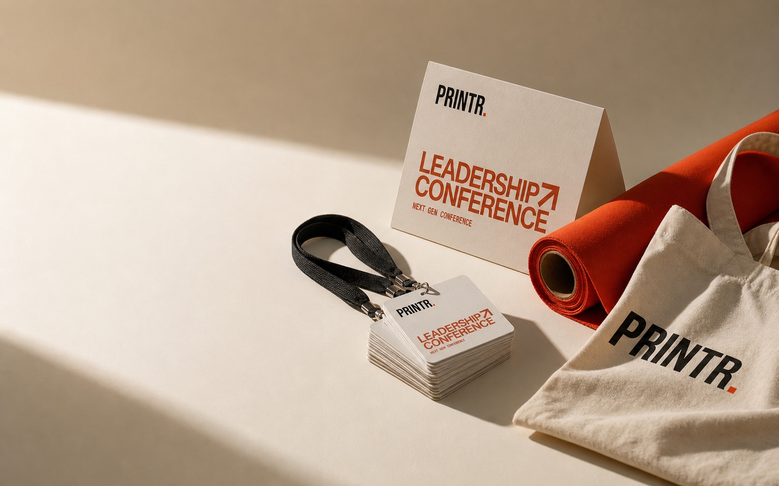 Printed event badges, cards, signage, and branded materials