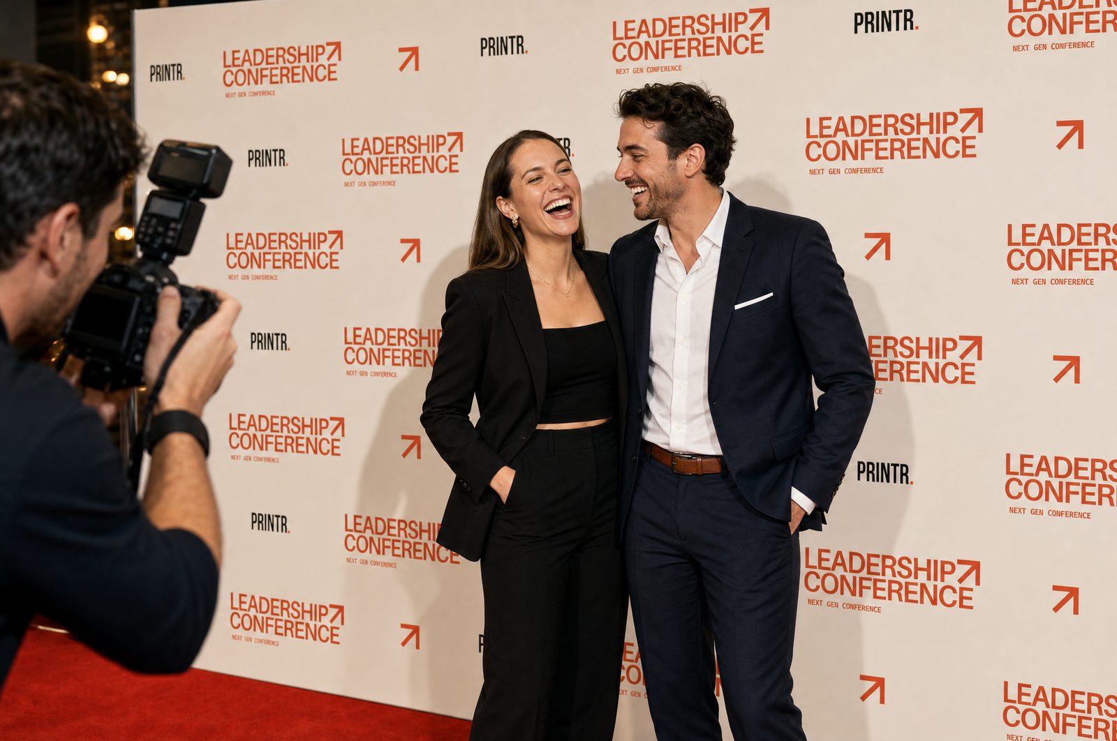 A couple being photographed in front of a Leadership Conference backdrop